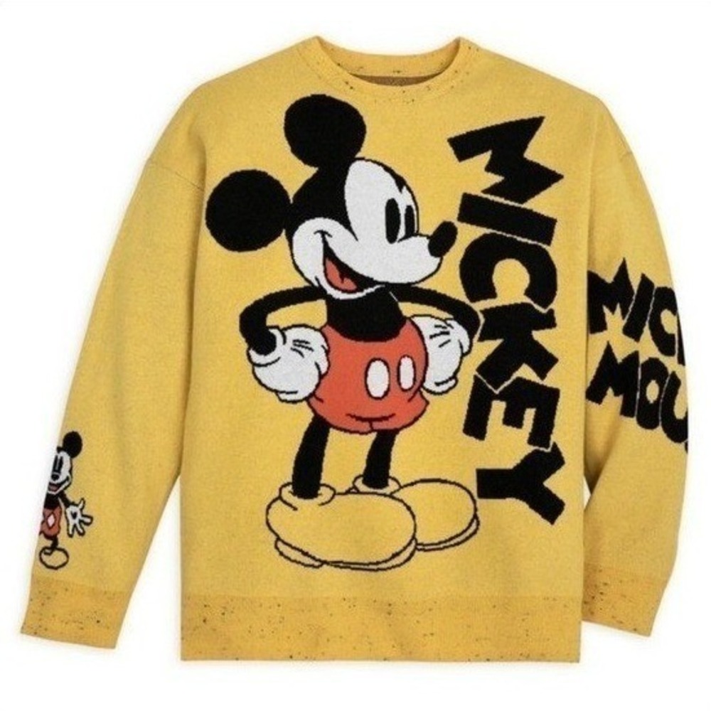 Disney Mickey Mouse Sweater 1X Yellow Graphic Intarsia Knit Retro Oversized